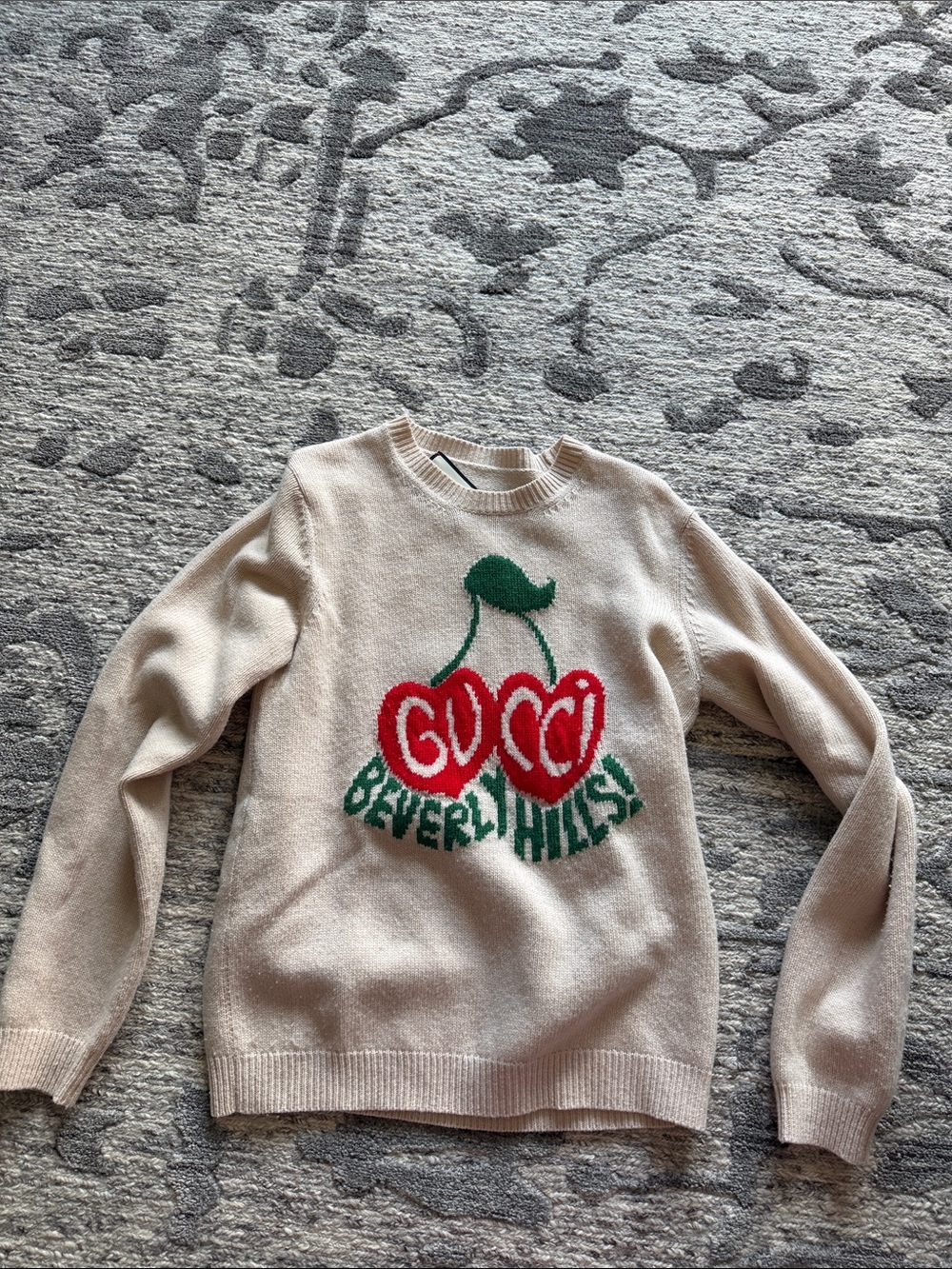 Gucci Cream Crewneck wool Sweater with Red Cherry Motif